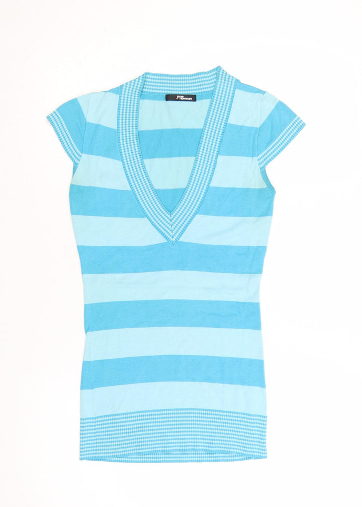 Jane Norman Women Blue Striped V-Neck Short Sleeve Pullover Jumper Size 10