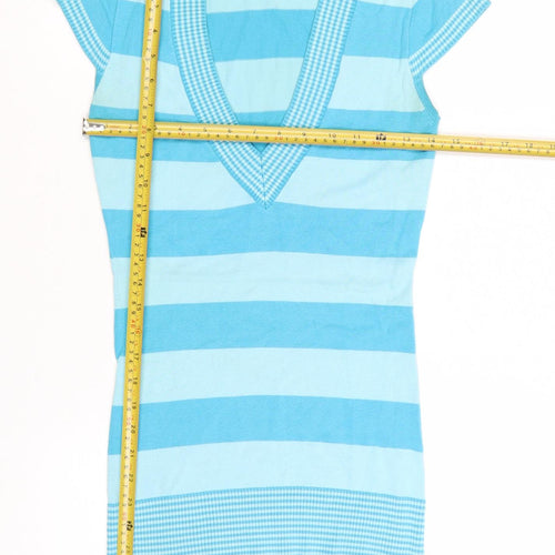 Jane Norman Women Blue Striped V-Neck Short Sleeve Pullover Jumper Size 10