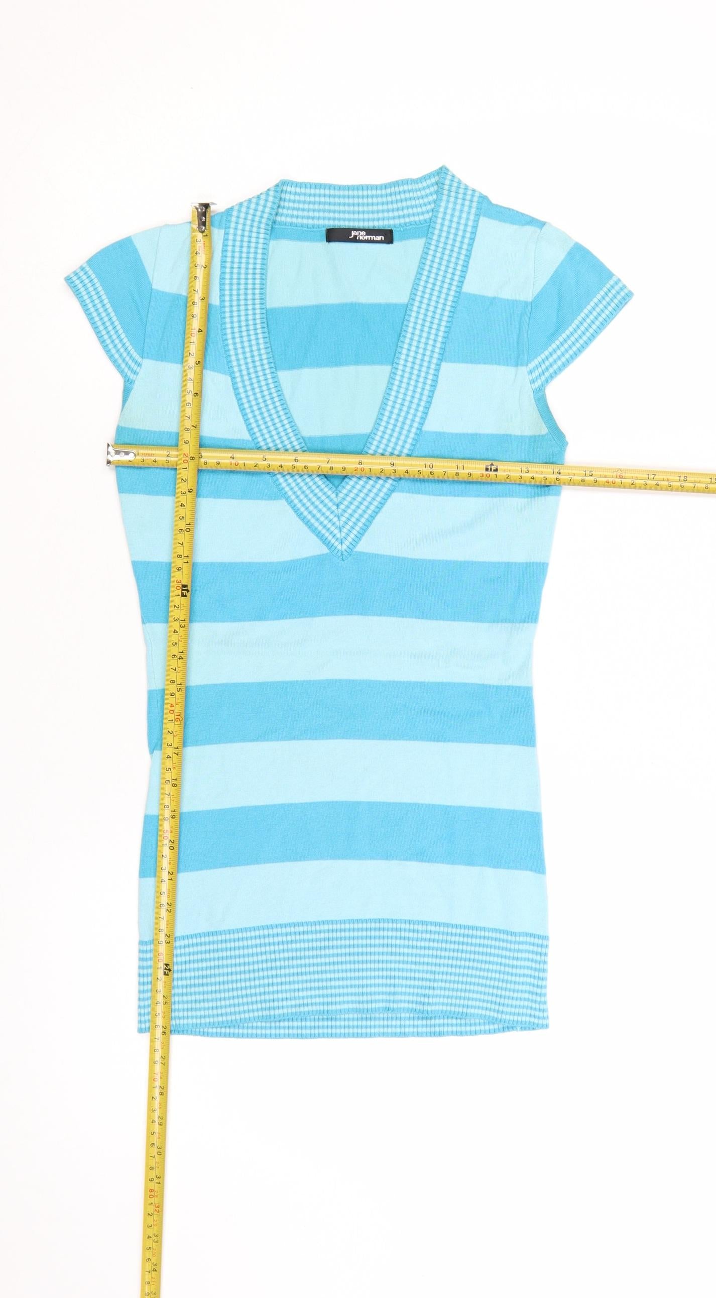 Jane Norman Women Blue Striped V-Neck Short Sleeve Pullover Jumper Size 10