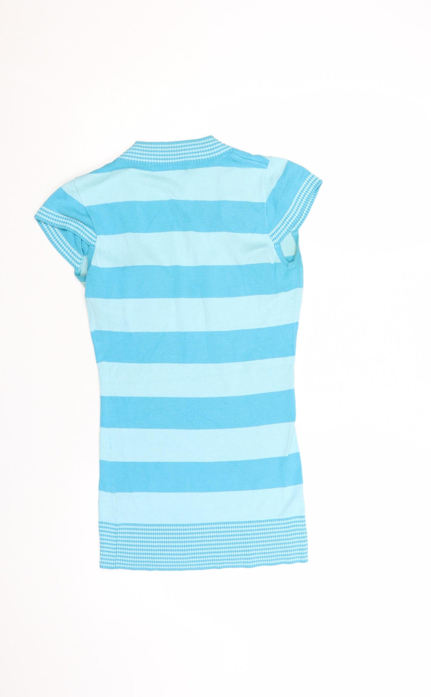 Jane Norman Women Blue Striped V-Neck Short Sleeve Pullover Jumper Size 10