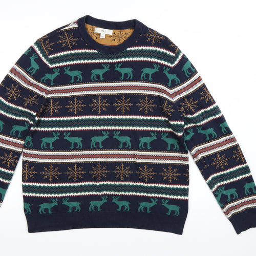 Marks and Spencer Men's Blue Christmas Reindeer Cotton Jumper M
