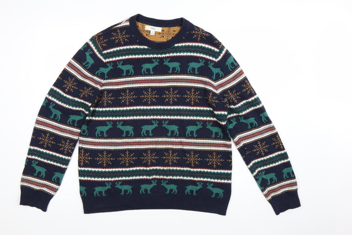 Marks and Spencer Men's Blue Christmas Reindeer Cotton Jumper M