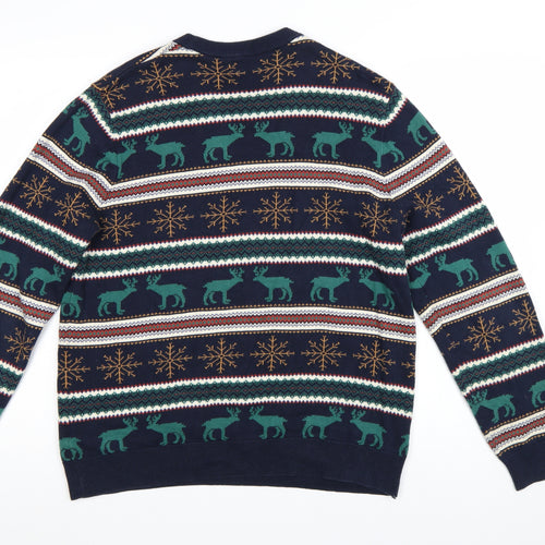Marks and Spencer Men's Blue Christmas Reindeer Cotton Jumper M