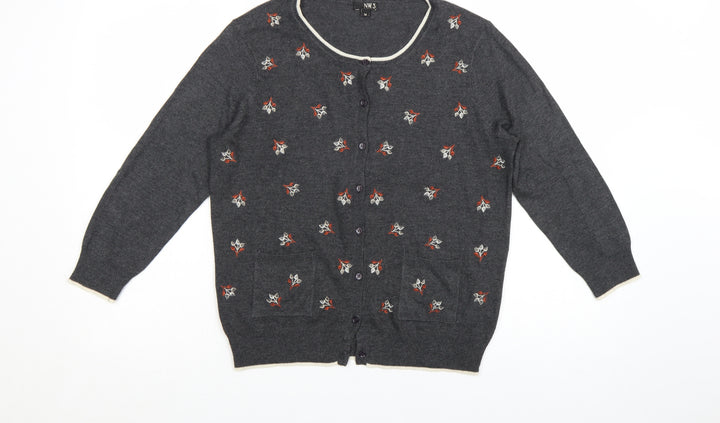 NW3 Womens Grey Floral Wool Silk Cashmere Cardigan Size 14