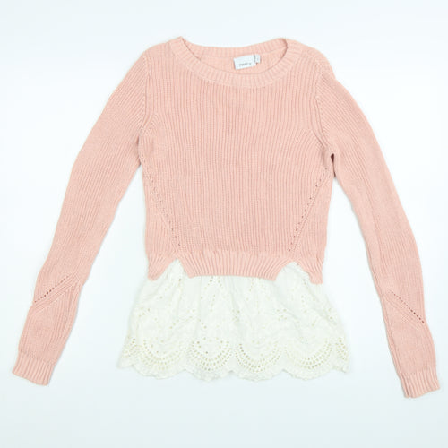 Next Womens Pink Cotton Knit Jumper UK 6 Lace Hem Crew Neck Top