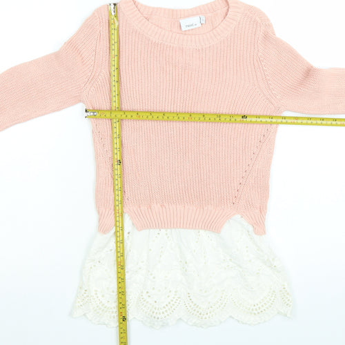 Next Womens Pink Cotton Knit Jumper UK 6 Lace Hem Crew Neck Top