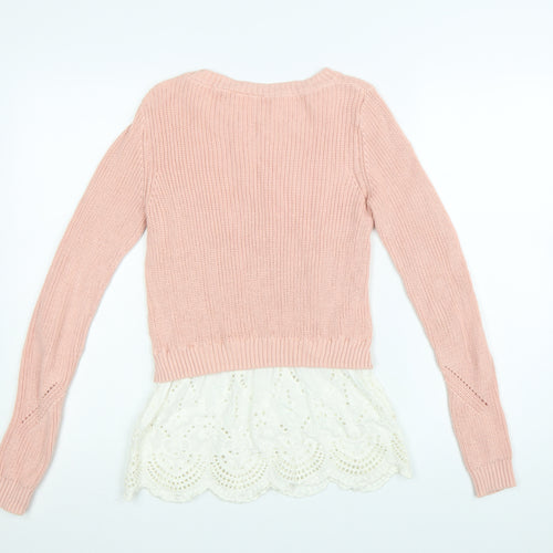 Next Womens Pink Cotton Knit Jumper UK 6 Lace Hem Crew Neck Top
