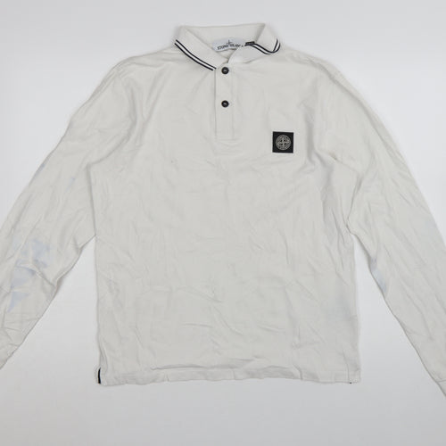 Stone Island Men's White Slim Fit Long Sleeve Polo Shirt M