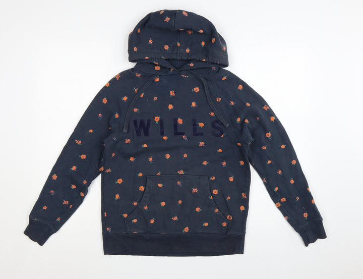 Jack Wills Womens Navy Floral Pullover Hoodie UK 6 Cotton Hooded Sweatshirt