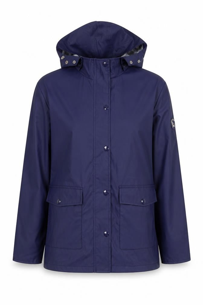 Front view of Scotland women’s blue hooded waterproof rain jacket, size S