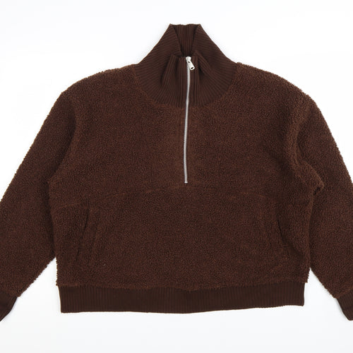 Marks and Spencer Women Brown 1/2 Zip Fleece Pullover Sweatshirt L