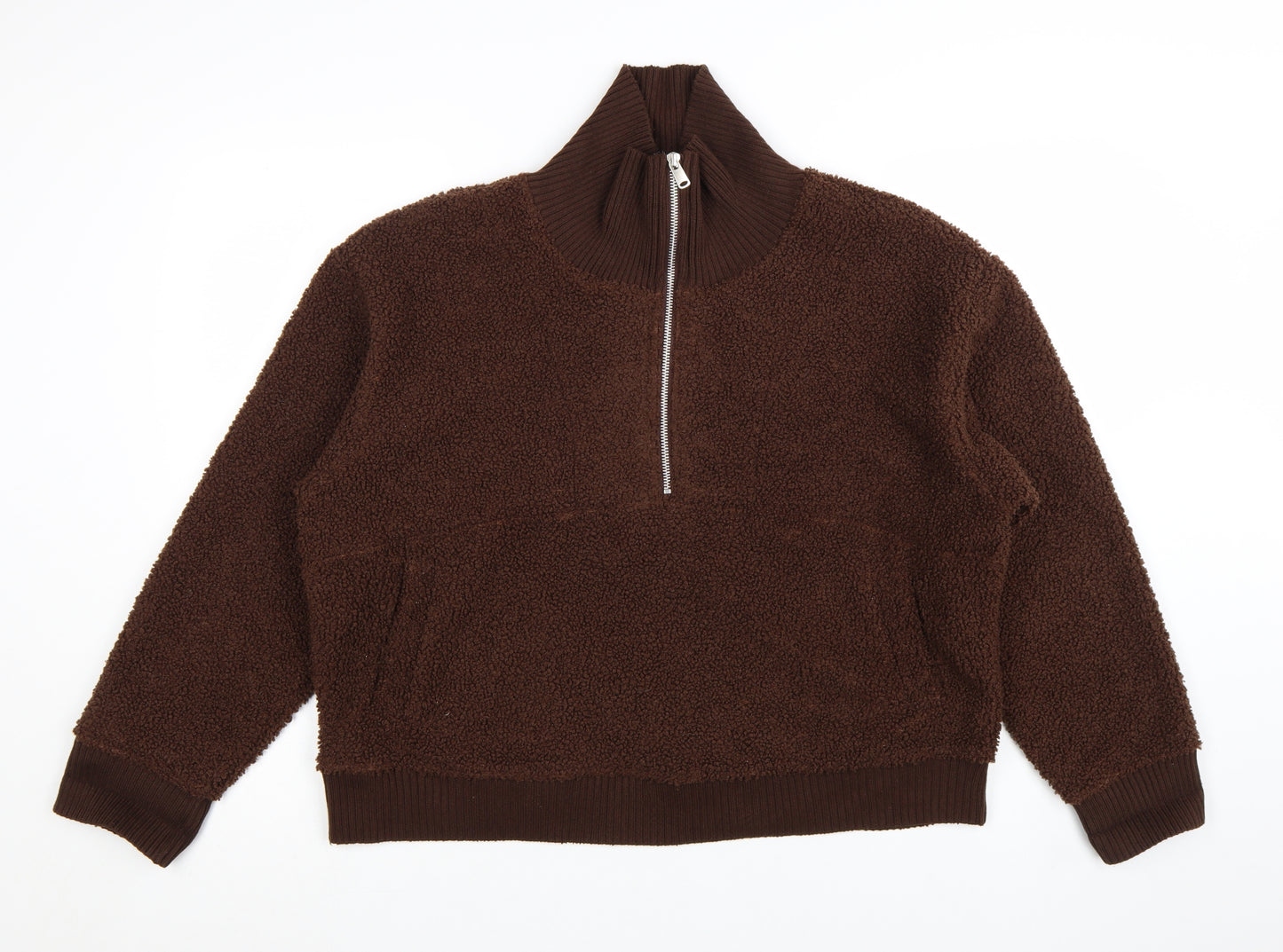 Marks and Spencer Women Brown 1/2 Zip Fleece Pullover Sweatshirt L