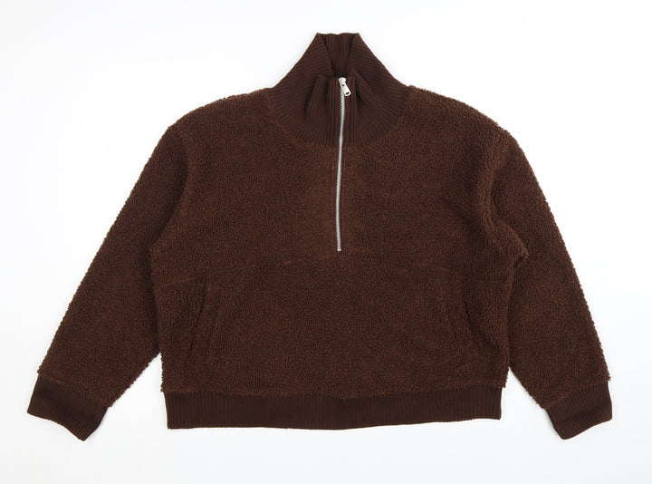 Marks and Spencer Women Brown 1/2 Zip Fleece Pullover Sweatshirt L