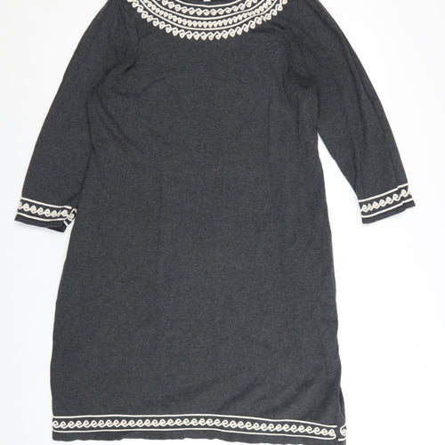 Monsoon Women Grey L Shift Dress 3/4 Sleeve Embroidered Knit