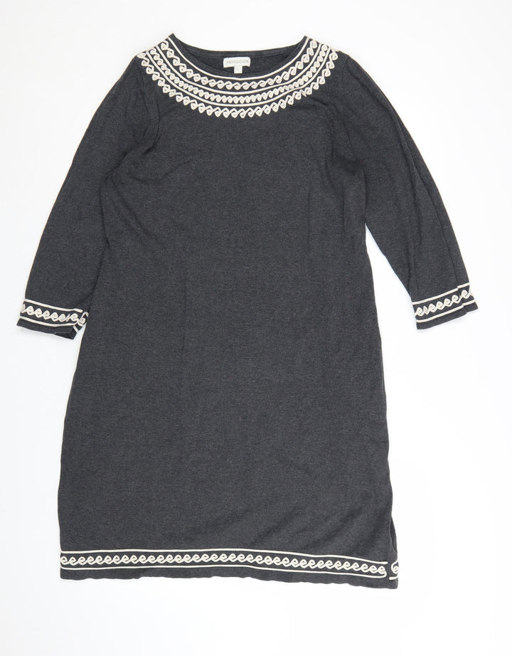 Monsoon Women Grey L Shift Dress 3/4 Sleeve Embroidered Knit