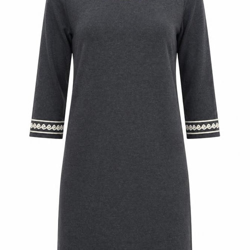 Monsoon Women Grey L Shift Dress 3/4 Sleeve Embroidered Knit
