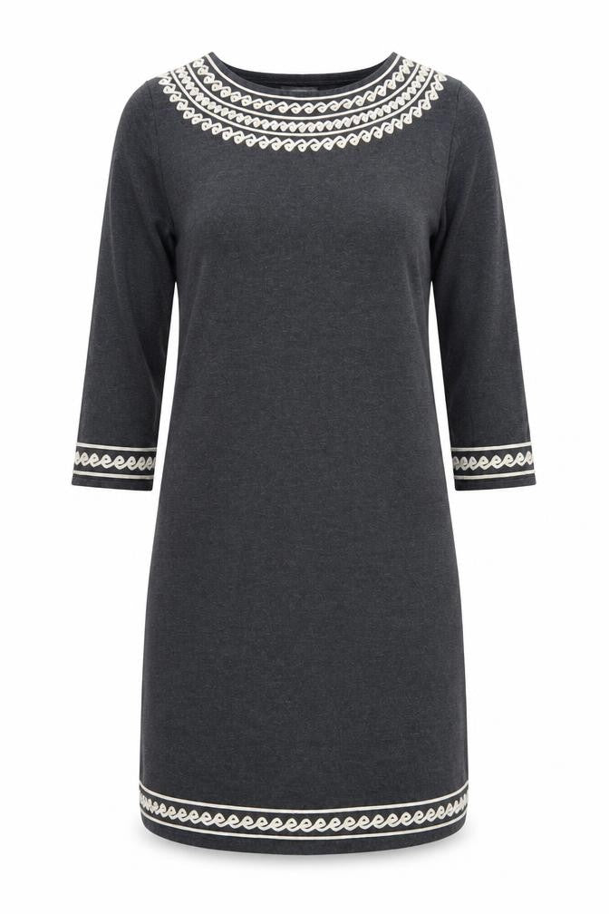 Monsoon Women Grey L Shift Dress 3/4 Sleeve Embroidered Knit