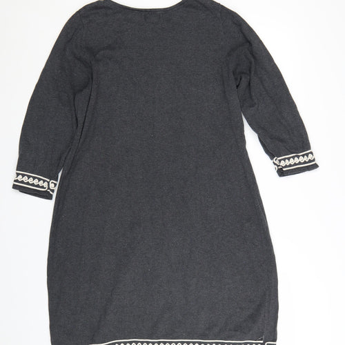 Monsoon Women Grey L Shift Dress 3/4 Sleeve Embroidered Knit