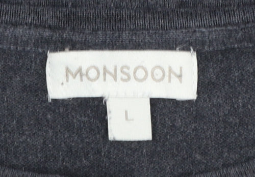 Monsoon Women Grey L Shift Dress 3/4 Sleeve Embroidered Knit