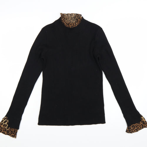 Blue Vanilla Womens Black Leopard Mock Neck Long Sleeve Pullover Jumper Size S