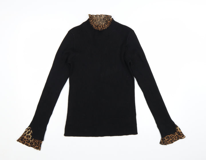 Blue Vanilla Womens Black Leopard Mock Neck Long Sleeve Pullover Jumper Size S