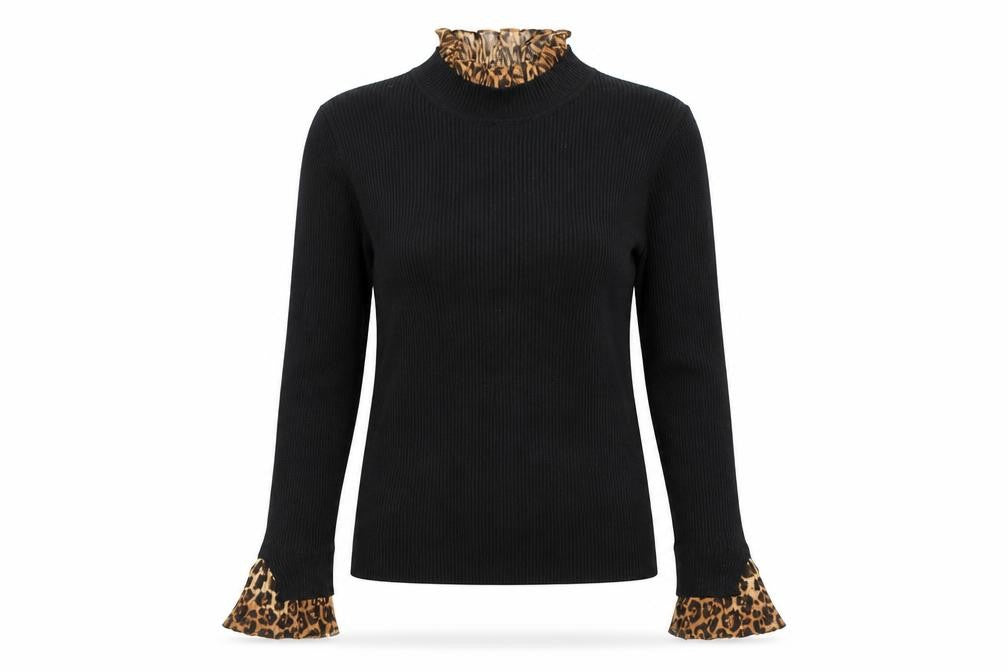 Front view of Blue Vanilla women’s black leopard mock neck long sleeve jumper, size S