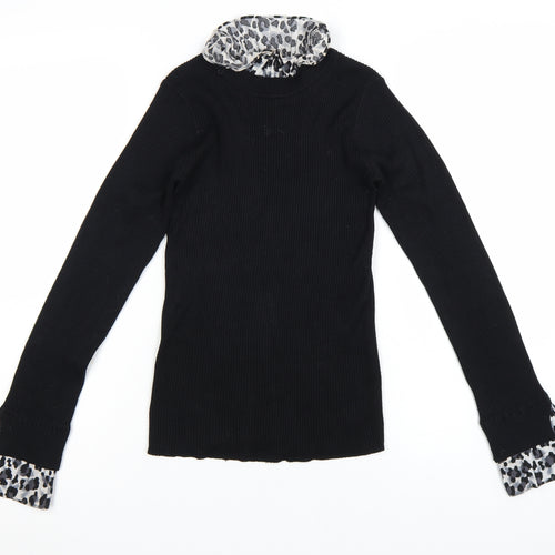 New Look Womens Black Leopard Trim Roll Neck Jumper Size 8