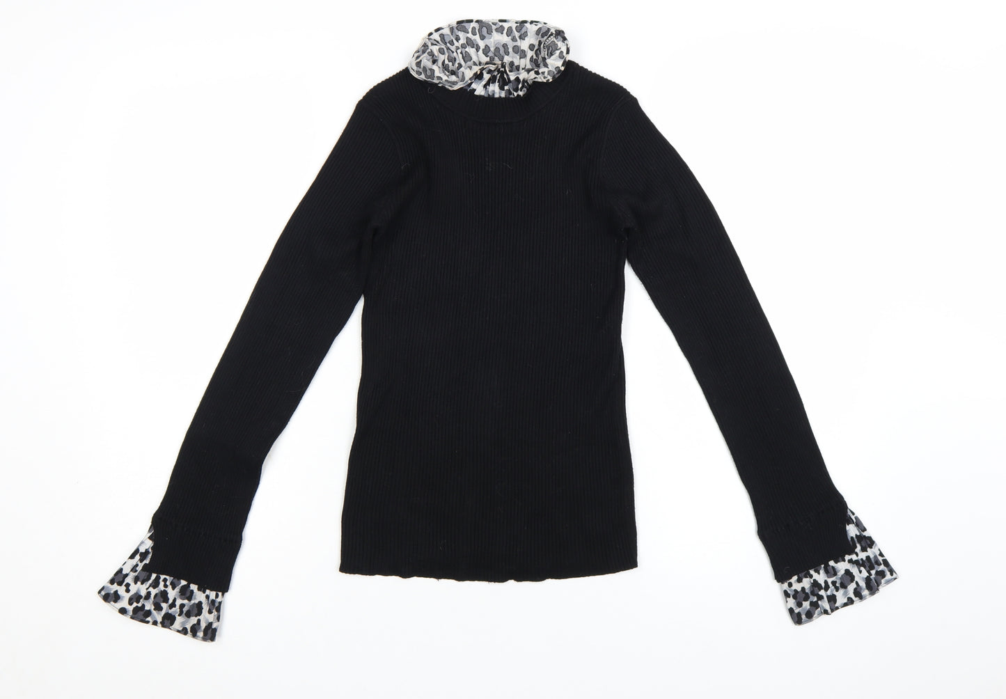 New Look Womens Black Leopard Trim Roll Neck Jumper Size 8