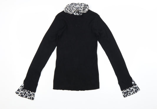 New Look Womens Black Leopard Trim Roll Neck Jumper Size 8