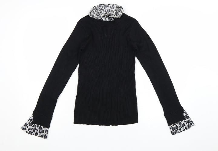 New Look Womens Black Leopard Trim Roll Neck Jumper Size 8