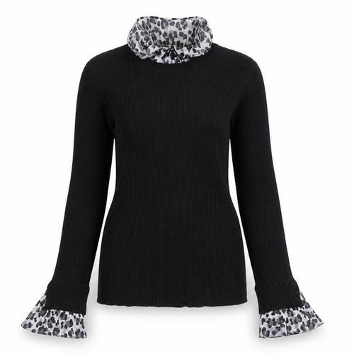 New Look Womens Black Leopard Trim Roll Neck Jumper Size 8