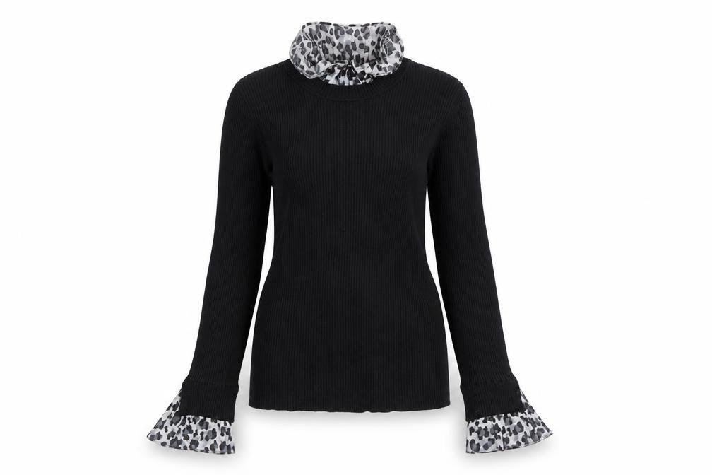 New Look Womens Black Leopard Trim Roll Neck Jumper Size 8