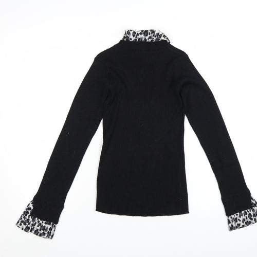 New Look Womens Black Leopard Trim Roll Neck Jumper Size 8
