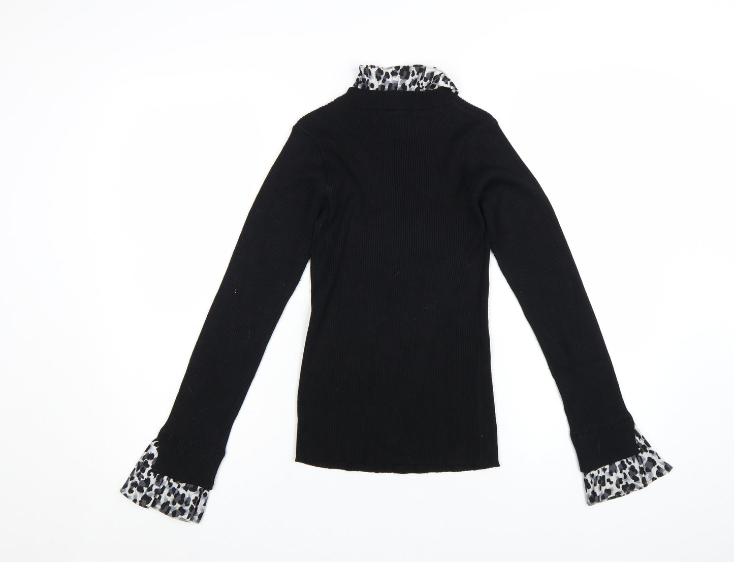 New Look Womens Black Leopard Trim Roll Neck Jumper Size 8