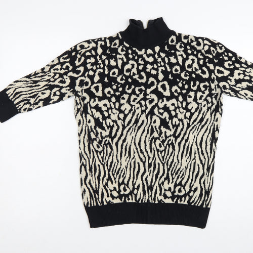 Biba Women's Black Animal Print Mock Neck Cotton Jumper XS