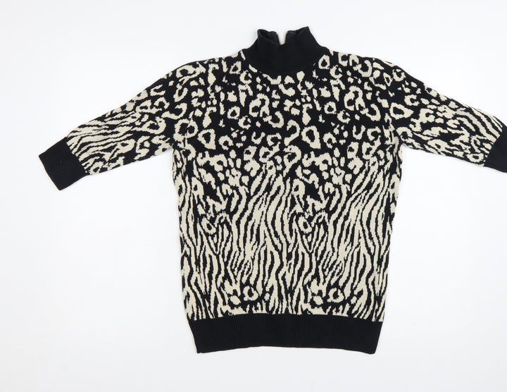 Biba Women's Black Animal Print Mock Neck Cotton Jumper XS