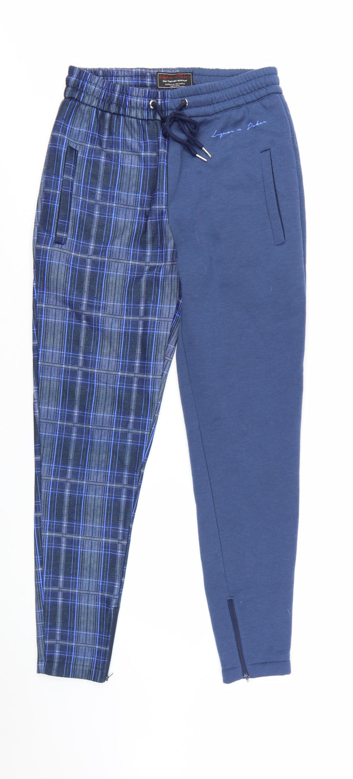 Liquor n Poker Men's Blue Check Jogger Trousers Size S