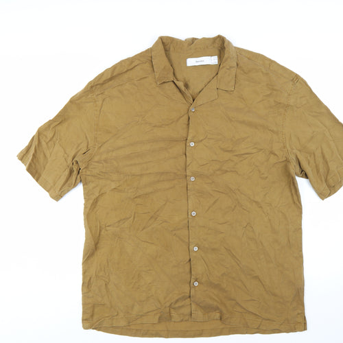 Bershka Men’s Brown XL Regular Fit Cotton Short Sleeve Button-Up Shirt
