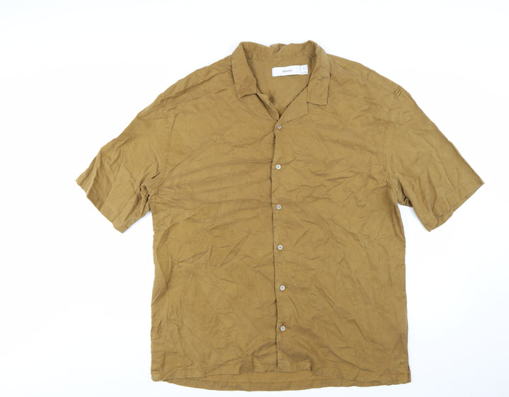 Bershka Men’s Brown XL Regular Fit Cotton Short Sleeve Button-Up Shirt