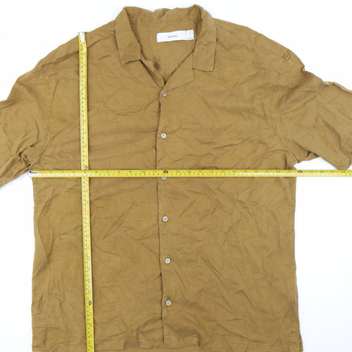 Bershka Men’s Brown XL Regular Fit Cotton Short Sleeve Button-Up Shirt