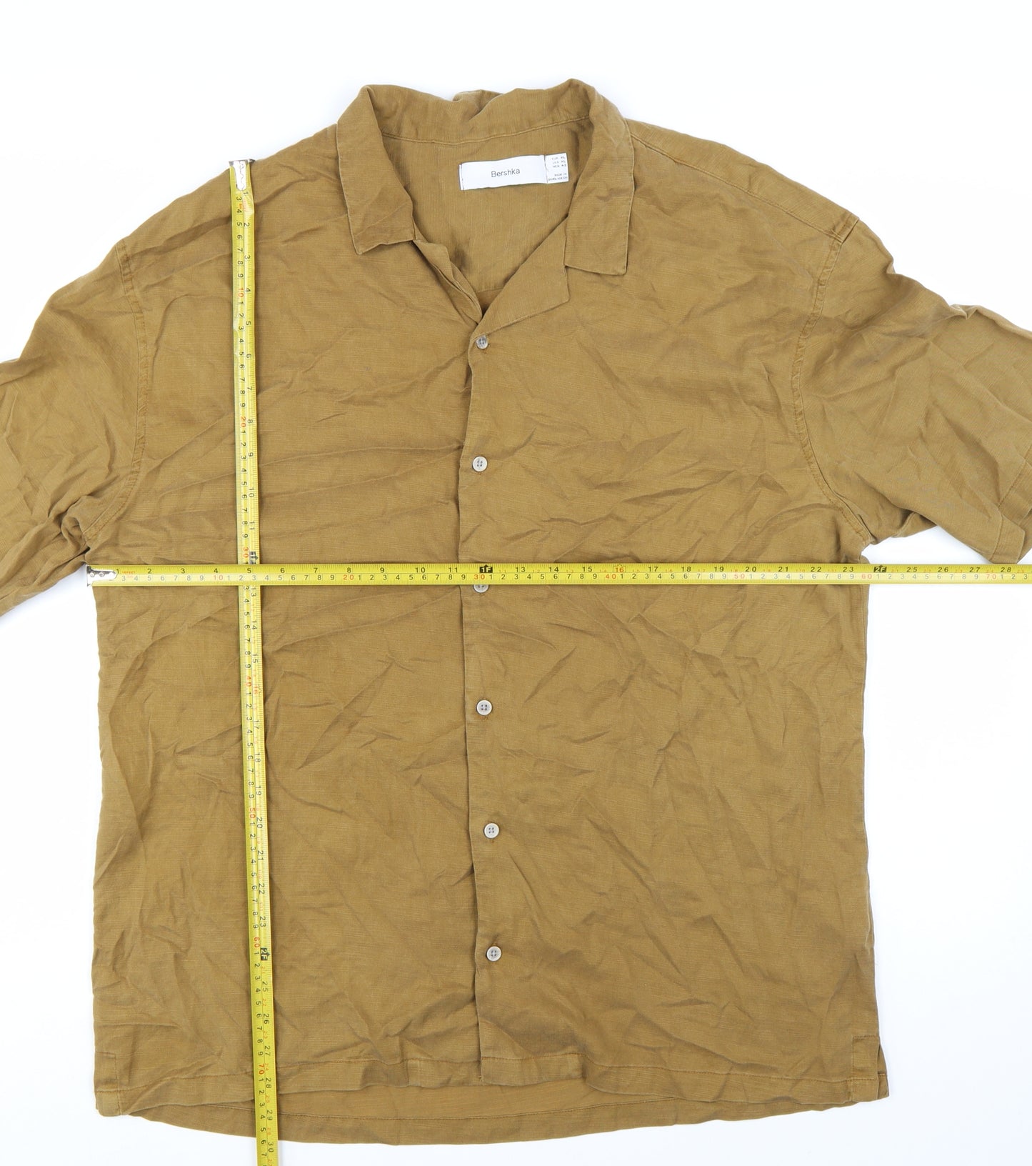 Bershka Men’s Brown XL Regular Fit Cotton Short Sleeve Button-Up Shirt