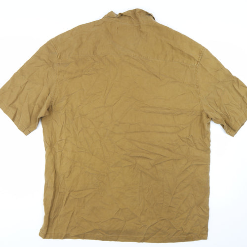 Bershka Men’s Brown XL Regular Fit Cotton Short Sleeve Button-Up Shirt
