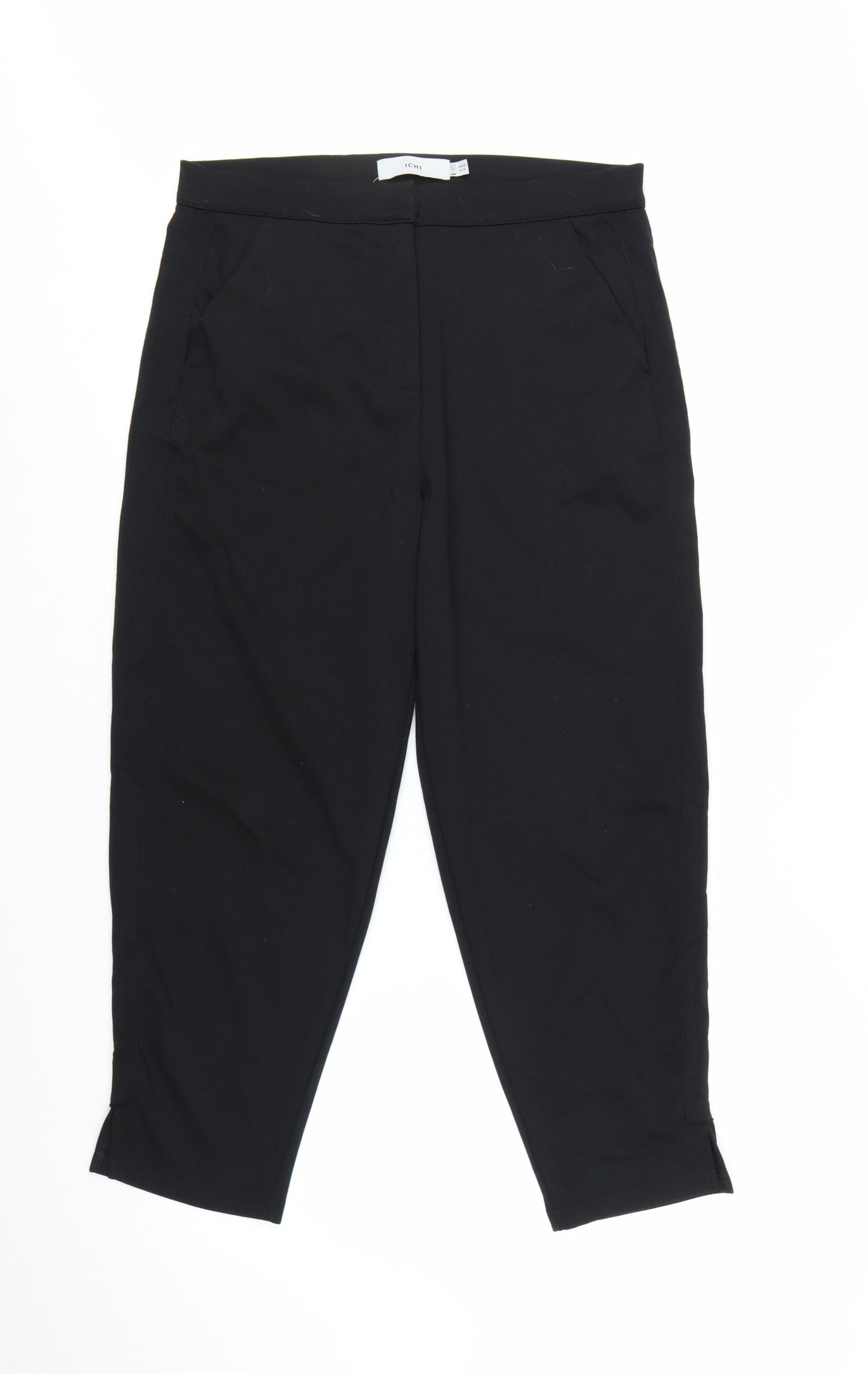 ICHI Womens Black Cropped Slim Fit Stretch Trousers Size L