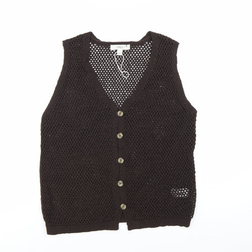 Marks and Spencer Women Brown Knit Sleeveless Button Blouse S