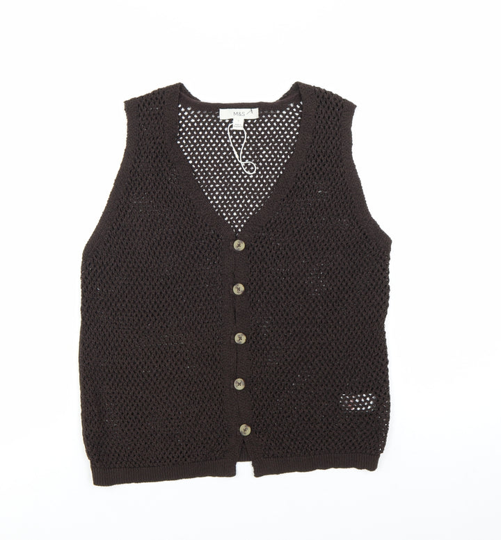 Marks and Spencer Women Brown Knit Sleeveless Button Blouse S