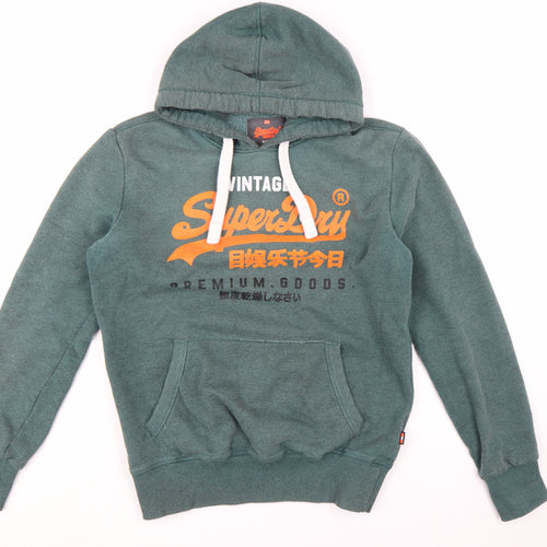 Superdry Men's Green Pullover Hoodie L Logo Fleece Sweatshirt
