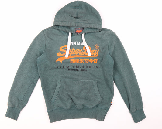 Superdry Men's Green Pullover Hoodie L Logo Fleece Sweatshirt