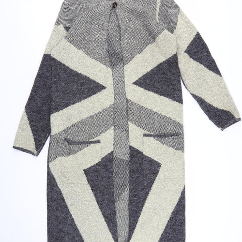 Anonymous Women Grey Geometric Knit Open Cardigan M