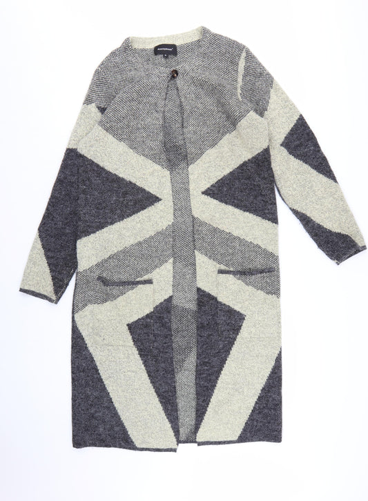 Anonymous Women Grey Geometric Knit Open Cardigan M