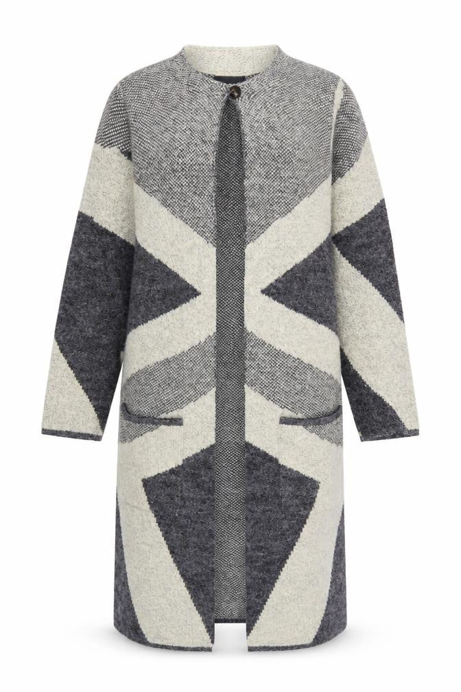 Front view of Anonymous Women Grey Geometric Knit Open Cardigan M